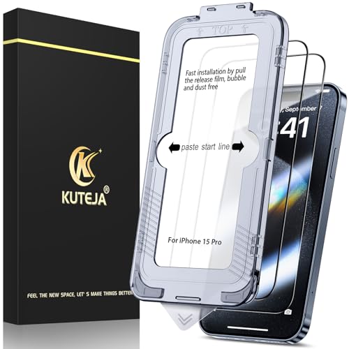 Kuteja [2 Stück] Panzer Schutz Glas für iPhone 15 Pro, [Automatische Staubentfernung] 9H Härte Full Screen Schutzfolie, Anti-Kratzen Gehärtetem Glas Displayschutzfolie von Kuteja