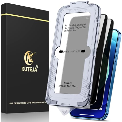 Kuteja Panzerglas Sichtschutz für iPhone 12/12 Pro [2 Stück], 9H Härte Full Screen Auto-Installation Folie, Anti-Kratzen Privacy Schutzfolie Gehärtetem Glas Displayschutzfolie für iPhone 12/12 Pro von Kuteja