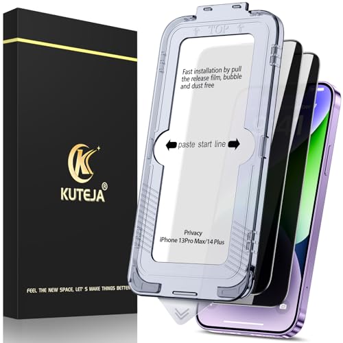 Kuteja [2 Stück] Privacy Sichtschutz für iPhone 13 Pro Max/14 Plus Schutzfolie,[Automatische Staubentfernung] Anti-Kratzen, Anti Spähen, Fingerabdruck-ID Gehärtetem Glas Displayschutzfolie von Kuteja
