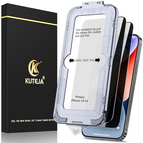 Kuteja [2 Stück] Privacy Sichtschutz für iPhone 13/14 Schutzfolie,[Automatische Staubentfernung] Anti-Kratzen, Anti Spähen, Fingerabdruck-ID Gehärtetem Glas Displayschutzfolie von Kuteja