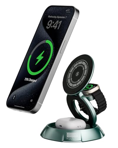 Kuulaa 3 in 1 iPhone Ladestation Mag-Safe Kabelloses Ladegerät für Apple, Schnelles Wireless Charger Magsafe Ladestation für iPhone 15 14 13 12 Pro& Apple Watch 9 8 7 6 SE 5 4 3 2 Air Pods Pro (Green) von Kuulaa