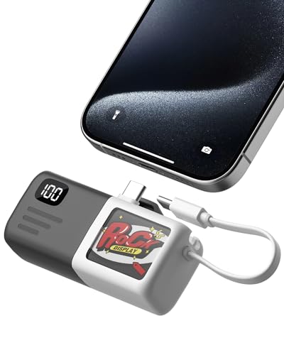 Kuulaa Tasche Größe Portable Ladegerät mit Bulit-in USB-C-Kabel 5000mAh, kleine Power Bank für iPhone 15 und Android (Weiß & Grau) von Kuulaa