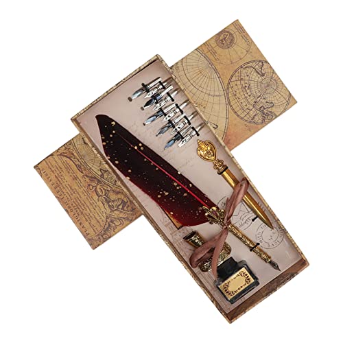 Federkiel-Set, Vintage-Tintenstift, Brieföffner Mit Ersatzfedern, Stiftständer, Basis, Federkiel Und Tintenset Für Freunde, Familie Und Lehrer(Rot) von Kuuleyn