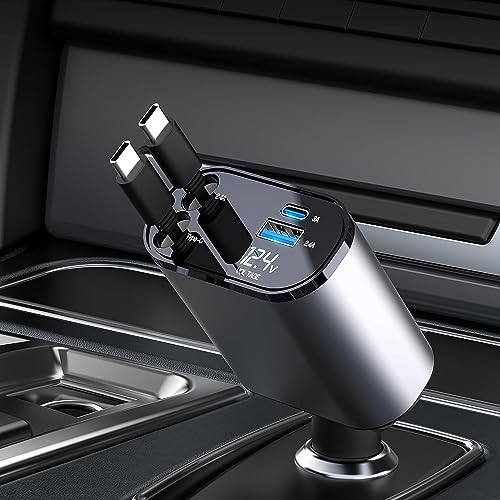Kwak’s Einziehbares Auto-Ladegerät, 100W Zigarettenanzünder USB C, Auto-Ladegerät Adapter mit Verstecktem Kabel, Auto-Ladegerät Schnellladung kompatibel mit iPhone 16 15 Pro Max (Typ-c+Typ-c) von Kwak's