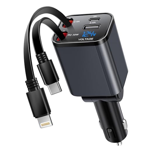 Kwak‘s einziehbares Autoladegerät,4 in 1 USB C Zigarettenanzünder Adapter mit Dual Type C Kabel Schnellladung Kompatibel mit iPhone 16 15, Samsung S25/24/23/22 (Type-C+Apple) von Kwak's