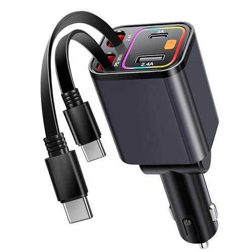 Kwak‘s einziehbares Autoladegerät,4 in 1 USB C Zigarettenanzünder Adapter mit Dual Type C Kabel Schnellladung Kompatibel mit iPhone 16 15, Samsung S25/24/23/22 (Type-C+Type-C(farbig)) von Kwak's