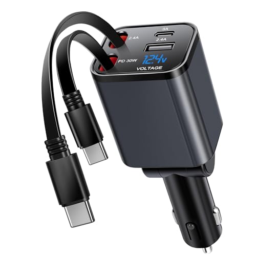 Kwak‘s einziehbares Autoladegerät,4 in 1 USB C Zigarettenanzünder Adapter mit Dual Type C Kabel Schnellladung Kompatibel mit iPhone 16 15, Samsung S25/24/23/22 (Type-C+Type-C) von Kwak's