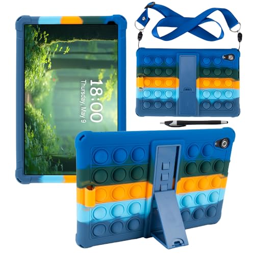 Kwamaz Schutzhülle für Urao 10,1 Zoll Tablet CP107 (2024), weiche Silikon-Schutzhülle mit Standfunktion, mit Band, für Android 14 Tablet, Regenbogen-Dunkelblau von Kwamaz