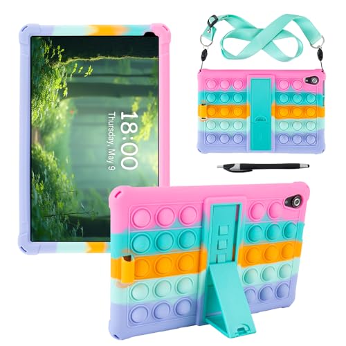 Kwamaz Schutzhülle für Urao 10,1 Zoll Tablet CP107 (2024), weiche Silikon-Schutzhülle mit Standfunktion, mit Band, für Android 14 Tablet, Regenbogen-Rosa von Kwamaz