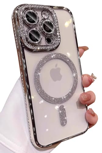 Kwhapoo Luxuriöse Glitzer-Schutzhülle, kompatibel mit iPhone 14 Pro, 15,5 cm (6,1 Zoll), Glitzer-Hülle, niedlich, weich, klar, Strass, kompatibel mit MagSafe-Kameraobjektivschutzhüllen für Frauen von Kwhapoo