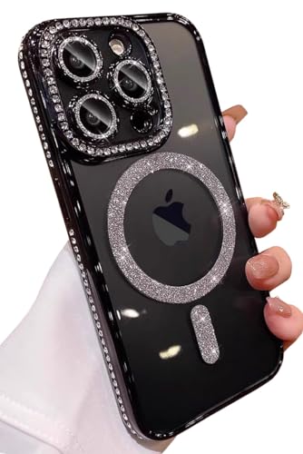 Kwhapoo Luxus Bling Magnet Kompatibel mit iPhone 15 Pro Max 6,7 Zoll Glitzer Hülle, Niedlich Weich Klar Strass Diamant Kompatibel mit MagSafe Kameraobjektivschutzhüllen für Frauen (Schwarz) von Kwhapoo