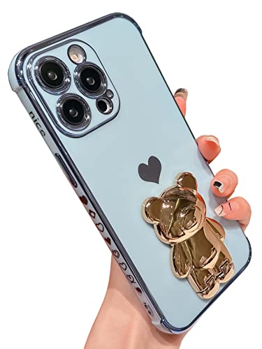 Kwhapoo Schutzhülle für iPhone 14 Pro Max, 17 cm (6,7 Zoll), vergoldet, Cartoon-Bär, Ständer, Halterung für Damen und Mädchen, weich, Herz, stoßfest, glatte TPU-Hüllen (blau) von Kwhapoo