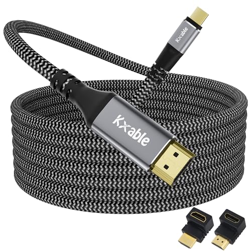 USB C auf HDMI-Kabel, 15 m, USB 3.1 Typ C auf HDMI 2.0 geflochtenes Kabel mit 2 HDMI-Adaptern, [Thunderbolt 3 kompatibel] für MacBook Pro/Air, iPad Pro, iPhone 15 Pro/15 Pro Max, Galaxy S22, Dell, HP von Kxable