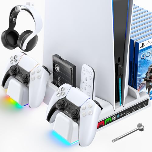 PS5 Ständer mit 3 USB Anschlüsse, PS5 Controller Ladestation mit RGB Licht, PS5 Kühler mit 3-stufig Lüfter, Aufbewahrung für Headset, 14 Spiele, Fernbedienung & Festplatten, PS5 Zubehör von Kytok