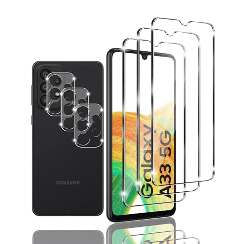 Kziwii 3+3 Stück Schutzfolie für Samsung Galaxy A33 5G Panzer Schutz Glas, 3 Panzerfolie und 3 Kamera Schutzglas,HD Displayschutzfolie, 9H Härte, Anti-Bläschen für Samsung Galaxy A33 5G von Kziwii