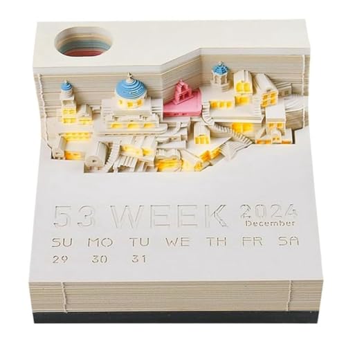 Kznifmk Time Piece-Kalender – Tischkalender 2024 mit LED-Licht – 3D-Kalender, Papierschnitzkunst, Notizblock, Notizblock, Einfach zu Bedienen von Kznifmk