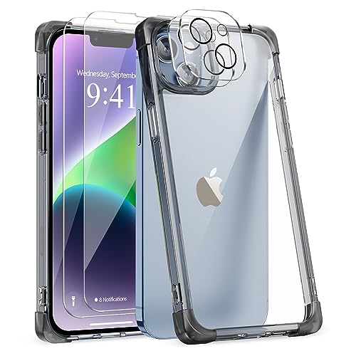 L-FADNUT 5-in-1-Set für iPhone 13 Hülle mit 2 Stück Schutzfolie und 2 Stück Kameraschutz, Slim Soft TPU Rahmen & Hard PC Back Handyhülle Transparent Stoßfest Schutzhülle für iPhone 13, Schwarz von L-FADNUT