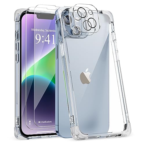 L-FADNUT 5-in-1-Set für iPhone 13 Hülle mit 2 Stück Schutzfolie und 2 Stück Kameraschutz, Slim Soft TPU Rahmen & Hard PC Back Handyhülle Transparent Stoßfest Schutzhülle für iPhone 13, Durchsichtig von L-FADNUT