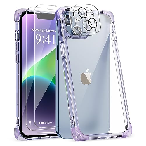 L-FADNUT 5-in-1-Set für iPhone 13 Hülle mit 2 Stück Schutzfolie und 2 Stück Kameraschutz, Slim Soft TPU Rahmen & Hard PC Back Handyhülle Transparent Stoßfest Schutzhülle für iPhone 13, Lila von L-FADNUT