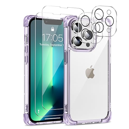 L-FADNUT 5-in-1-Set für iPhone 13 Pro Max Hülle mit 2 Stück Schutzfolie und 2 Stück Kameraschutz, Slim Soft TPU & Hard PC Back Handyhülle Transparent Stoßfest Schutzhülle für iPhone 13 Pro Max, Lila von L-FADNUT