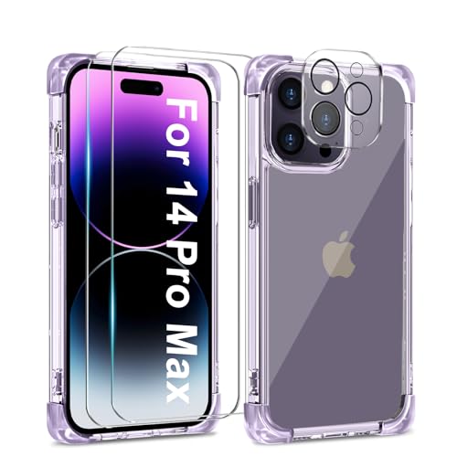 L-FADNUT 5-in-1-Set für iPhone 14 Pro Max Hülle mit 2 Stück Schutzfolie und 2 Stück Kameraschutz, Slim Soft TPU & Hard PC Back Handyhülle Transparent Stoßfest Schutzhülle für iPhone 14 Pro Max, Lila von L-FADNUT