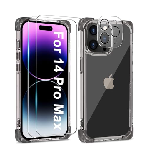 L-FADNUT 5-in-1-Set für iPhone 14 Pro Max Hülle mit 2 Stück Schutzfolie und 2 Stück Kameraschutz, Slim Soft TPU & Hard PC Handyhülle Transparent Stoßfest Schutzhülle für iPhone 14 Pro Max, Schwarz von L-FADNUT