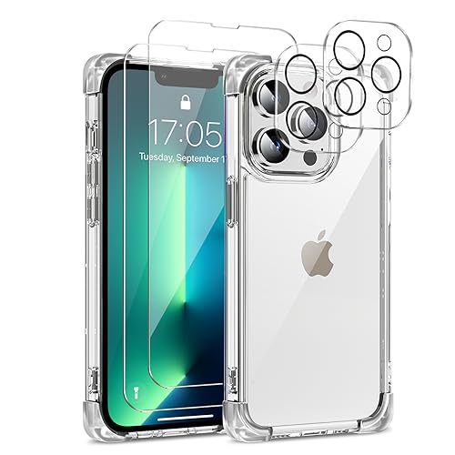 L-FADNUT 5-in-1 für iPhone 13 Pro Max Hülle mit 2 Stück Schutzfolie und 2 Stück Kameraschutz, Slim Soft TPU & Hard PC Handyhülle Transparent Stoßfest Schutzhülle für iPhone 13 Pro Max, Durchsichtig von L-FADNUT