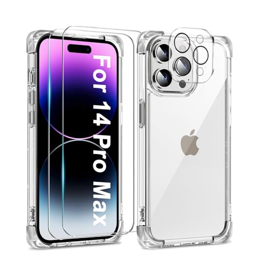 L-FADNUT 5-in-1 für iPhone 14 Pro Max Hülle mit 2 Stück Schutzfolie und 2 Stück Kameraschutz, Slim Soft TPU & Hard PC Handyhülle Transparent Stoßfest Schutzhülle für iPhone 14 Pro Max, Durchsichtig von L-FADNUT