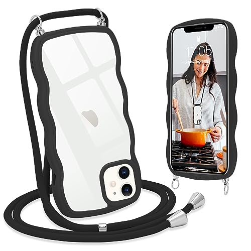 L-FADNUT Handykette Kompatibel mit iPhone 12 iPhone 12 Pro Hülle mit Band zum Umhängen Wellen Transparent Handyhülle mit Kordel Niedlich Case Mädchen Schutzhülle für iPhone 12 iPhone 12 Pro Schwarz von L-FADNUT