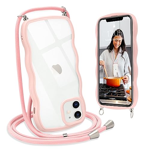 L-FADNUT Handykette für iPhone 11 Hülle mit Band, Silikon Wellen Rahmenform Handyhülle mit Kordel zum Umhängen, Transparent Schutzhülle Case für iPhone 11, Rosa von L-FADNUT