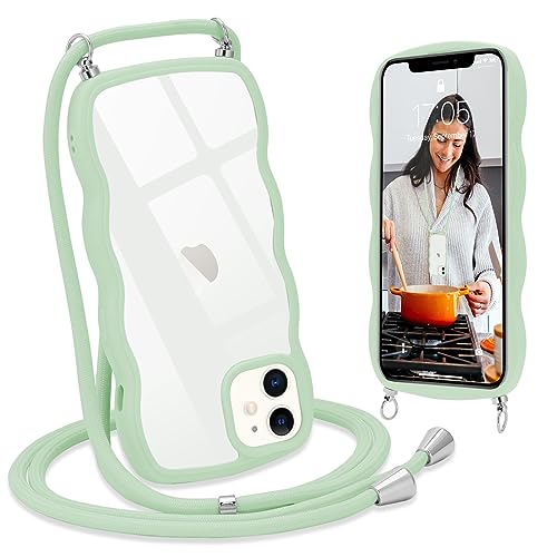 L-FADNUT Handykette für iPhone 12 iPhone 12 Pro Hülle mit Band, Silikon Wellen Rahmenform Handyhülle mit Kordel zum Umhängen, Transparent Schutzhülle Case für iPhone 12 iPhone 12 Pro, Grün von L-FADNUT