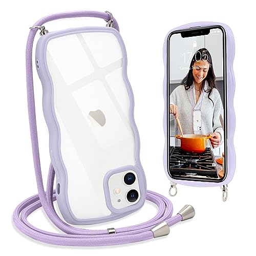 L-FADNUT Handykette für iPhone 12 iPhone 12 Pro Hülle mit Band, Silikon Wellen Rahmenform Handyhülle mit Kordel zum Umhängen, Transparent Schutzhülle Case für iPhone 12 iPhone 12 Pro, Lila von L-FADNUT