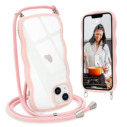 L-FADNUT Handykette für iPhone 13 Hülle mit Band, Silikon Wellen Rahmenform Handyhülle mit Kordel zum Umhängen, Transparent Schutzhülle Case für iPhone 13, Rosa von L-FADNUT