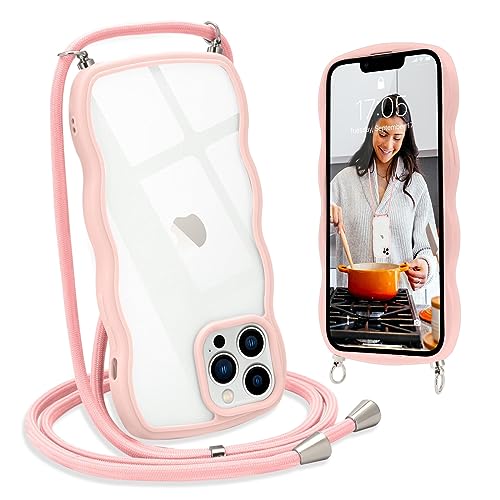 L-FADNUT Handykette für iPhone 13 Pro Hülle mit Band, Silikon Wellen Rahmenform Handyhülle mit Kordel zum Umhängen, Transparent Schutzhülle Case für iPhone 13 Pro, Rosa von L-FADNUT