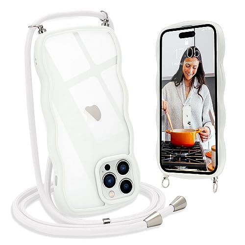 L-FADNUT Handykette für iPhone 14 Pro Max Hülle mit Band, Silikon Wellen Rahmenform Handyhülle mit Kordel zum Umhängen, Transparent Schutzhülle Case für iPhone 14 Pro Max, Weiß von L-FADNUT