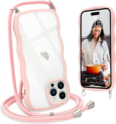 L-FADNUT Handykette für iPhone 15 Pro Max Hülle mit Band, Silikon Wellen Rahmenform Handyhülle mit Kordel zum Umhängen, Transparent Schutzhülle Case für iPhone 15 Pro Max, Rosa von L-FADNUT