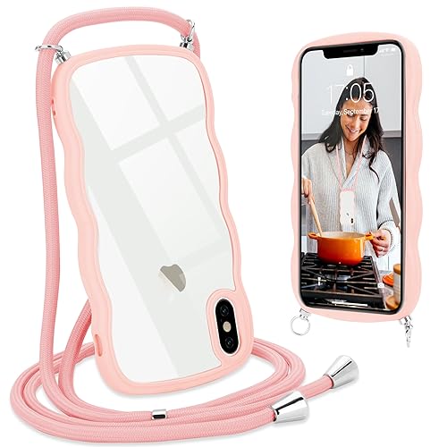 L-FADNUT Handykette für iPhone X iPhone XS Hülle mit Band, Silikon Wellen Rahmenform Handyhülle mit Kordel zum Umhängen, Transparent Schutzhülle Case für iPhone X iPhone XS, Rosa von L-FADNUT