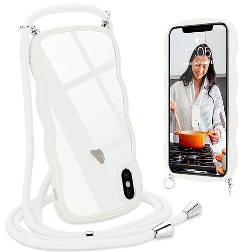 L-FADNUT Handykette für iPhone X iPhone XS Hülle mit Band, Silikon Wellen Rahmenform Handyhülle mit Kordel zum Umhängen, Transparent Schutzhülle Case für iPhone X iPhone XS, Weiß von L-FADNUT