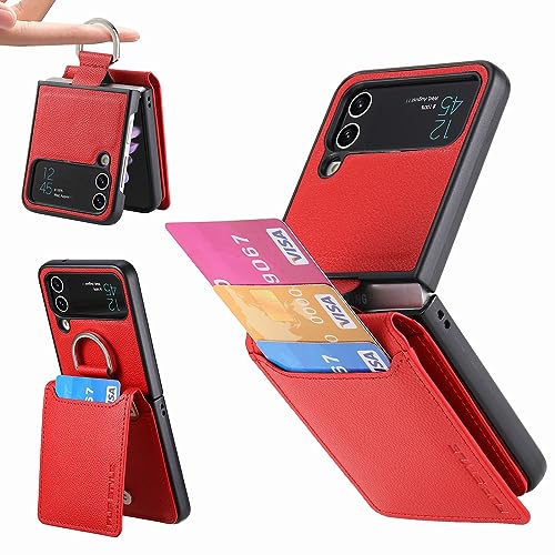 L-FADNUT Kompatibel mit Samsung Galaxy Z Flip 4 Hülle Leder Kartenfächer Handyhülle Magnetisch Ständer Schutzhülle mit Ring Klappbare Case für Samsung Galaxy Z Flip 4 Rot von L-FADNUT