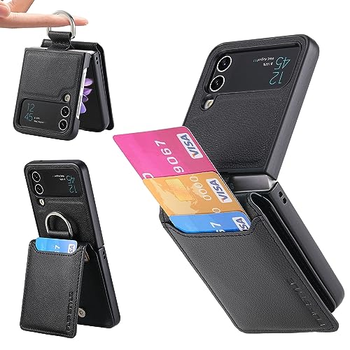 L-FADNUT Kompatibel mit Samsung Galaxy Z Flip 4 Hülle Leder Kartenfächer Handyhülle Magnetisch Ständer Schutzhülle mit Ring Klappbare Case für Samsung Galaxy Z Flip 4 Schwarz von L-FADNUT