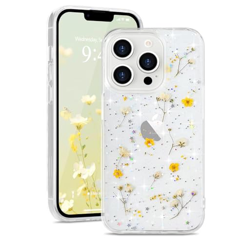 L-FADNUT Kompatibel mit iPhone 13 Pro Max Hülle Getrocknete Blumen Transparent Glitzer Handyhülle Frauen Mädchen Floral Schutzhülle Weich Silikon Bumper Case für iPhone 13 Pro Max, Gelb Schleierkraut von L-FADNUT