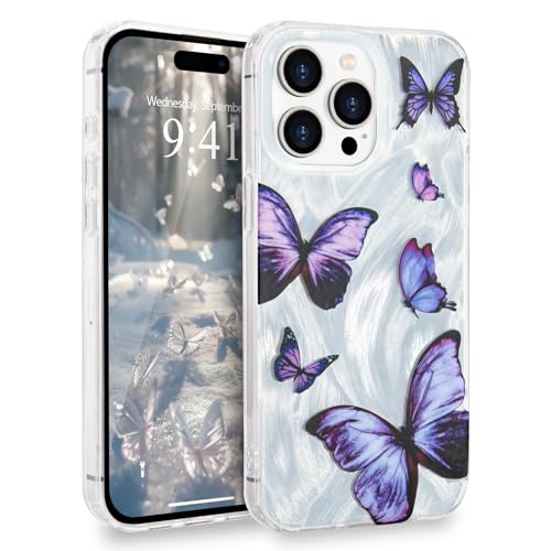 L-FADNUT Kompatibel mit iPhone 14 Pro Hülle Glänzende Schmetterling Mädchen Handyhülle Glitzer Frauen Stoßfeste Schutzhülle Weiche TPU Silikon Bumper Case für iPhone 14 Pro, Lila von L-FADNUT