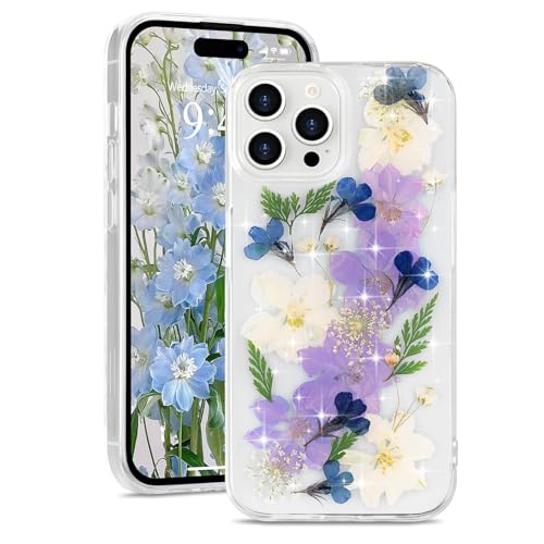 L-FADNUT Kompatibel mit iPhone 14 Pro Max Hülle Getrocknete Blumen Transparent Glitzer Handyhülle Frauen Mädchen Floral Schutzhülle Weich Silikon Bumper Case für iPhone 14 Pro Max Blau von L-FADNUT