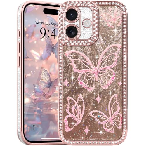 L-FADNUT Kompatibel mit iPhone 16 Hülle Glitzer Schmetterling Design Mädchen Handyhülle Glänzend Sparkle Diamant Schutzhülle Weiche TPU Silikon Bumper Case für iPhone 16, Rosa L-FADNUT Kompatibel mit iPhone 16 Hülle Glitzer Schmetterling Design Mädchen Handyhülle Glänzend Sparkle Diamant Schutzhülle Weiche TPU Silikon Bumper Case für iPhone 16, Rosa von L-FADNUT