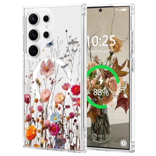 L-FADNUT Magnetisch Handyhülle für Samsung Galaxy S22 Ultra Hülle Kompatibel mit MagSafe, Transparent Blumen Muster Schutzhülle Hart PC Rückseite Dünne Stoßfest Case für Samsung S22 Ultra, Rot L-FADNUT Magnetisch Handyhülle für Samsung Galaxy S22 Ultra Hülle Kompatibel mit MagSafe, Transparent Blumen Muster Schutzhülle Hart PC Rückseite Dünne Stoßfest Case für Samsung S22 Ultra, Rot von L-FADNUT