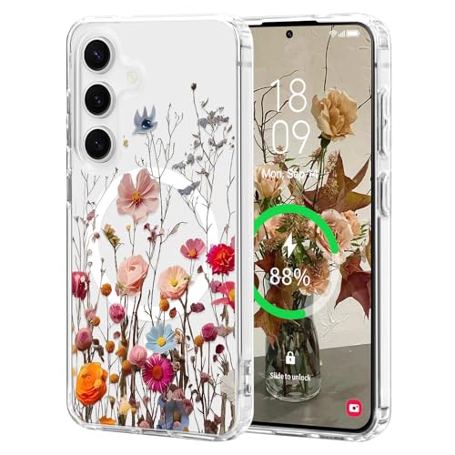 L-FADNUT Magnetisch Handyhülle für Samsung Galaxy S25/S24 Hülle Kompatibel mit MagSafe, Transparent Blumen Muster Schutzhülle Hart PC Rückseite Dünne Stoßfest Case für Samsung S25/S24, Rot von L-FADNUT