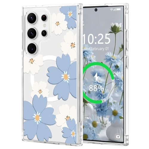 L-FADNUT Magnetisch Handyhülle für Samsung Galaxy S25 Ultra Hülle Kompatibel mit MagSafe, Transparent Blumen Muster Schutzhülle Hart PC Rückseite Dünne Stoßfest Case für Samsung S25 Ultra, Blau L-FADNUT Magnetisch Handyhülle für Samsung Galaxy S25 Ultra Hülle Kompatibel mit MagSafe, Transparent Blumen Muster Schutzhülle Hart PC Rückseite Dünne Stoßfest Case für Samsung S25 Ultra, Blau von L-FADNUT