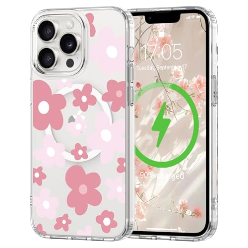 L-FADNUT Magnetisch Handyhülle für iPhone 13 Pro Max Hülle Kompatibel mit MagSafe, Transparent Blumen Muster Schutzhülle Hart PC Rückseite Dünne Stoßfest Kratzfestes Case für iPhone 13 Pro Max, Rosa von L-FADNUT