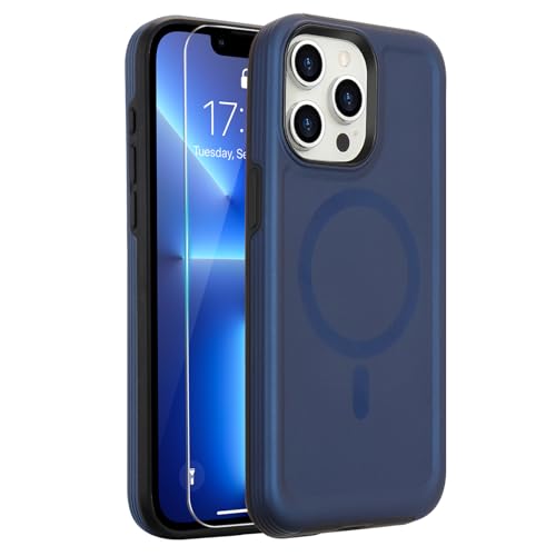 L-FADNUT Magnetisch für iPhone 13 Pro Hülle, [Kompatibel mit Magsafe] [2 Stück Schutzfolie], Schutz in Militärqualität Handyhülle, Stoßfest Schutzhülle Case für iPhone 13 Pro, Marineblau von L-FADNUT
