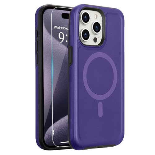 L-FADNUT Magnetisch für iPhone 15 Pro Hülle, [Kompatibel mit Magsafe] [2 Stück Schutzfolie], Schutz in Militärqualität Handyhülle, Stoßfest Schutzhülle Case für iPhone 15 Pro, Lila von L-FADNUT